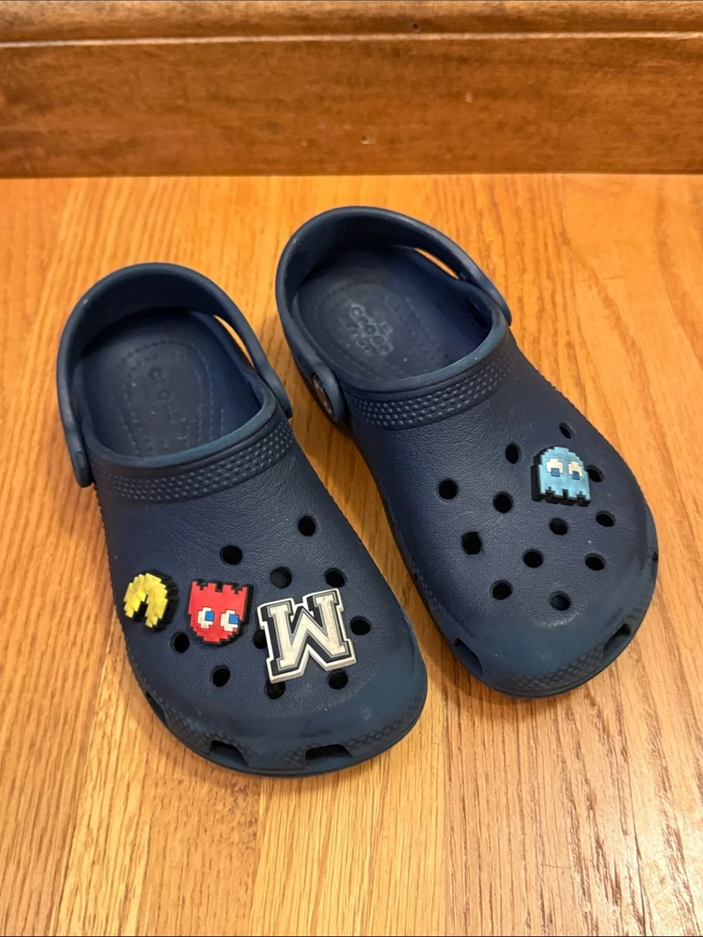 CROCS Classic Clogs With PAC Man Charms Navy Blue Kids Children’s Size 11